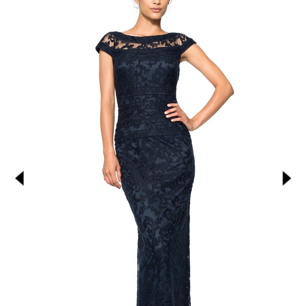 Tadashi Shoji Blue Cap Sleeve Bateau Neck Maxi Gown